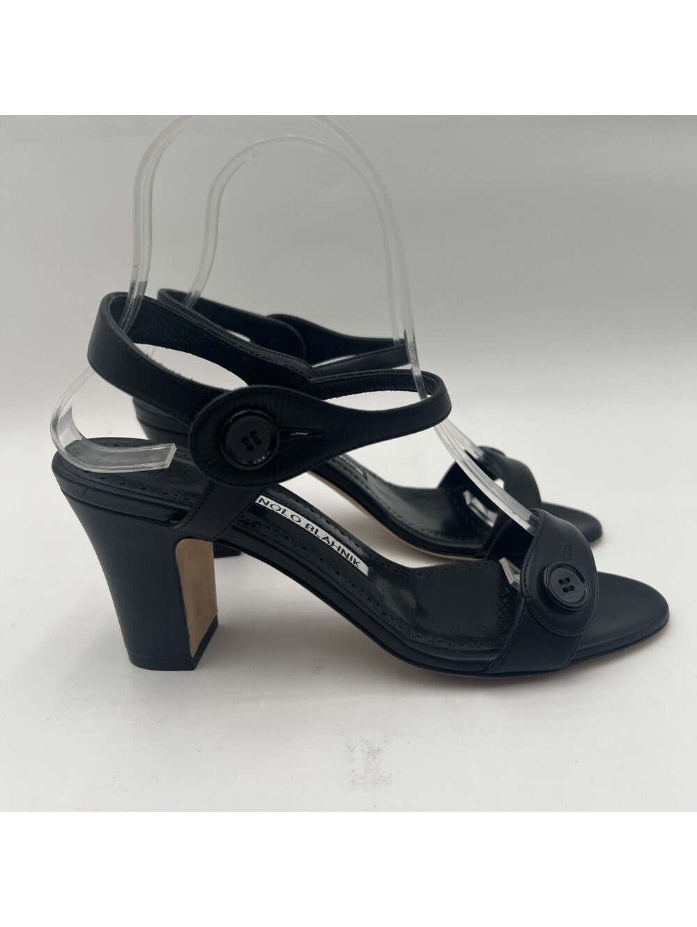 Women’s Manolo Blahnik Mulia Button Leather Sandals Black Size 36